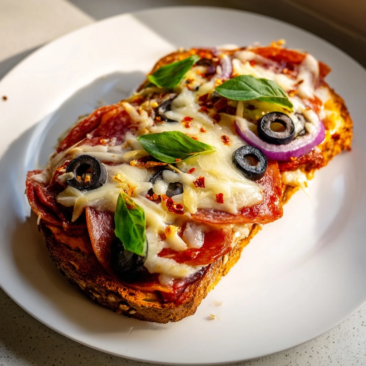 Golden, bubbly Pizza Toast 2.0 with molten cheese, pepperoni, and fresh basil, ready to eat.