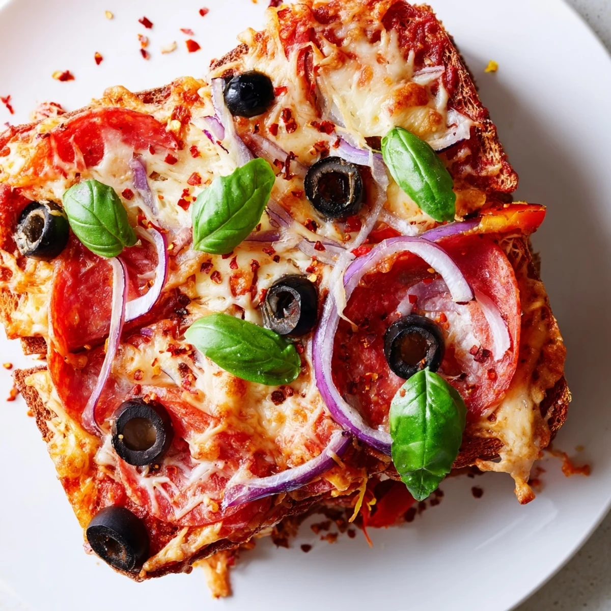 A close-up of crispy, cheese-covered Pizza Toast 2.0, an easy Italian-American snack delight.