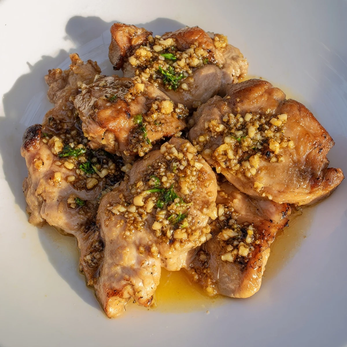 Golden, seared Garlic Butter Chicken Bites glistening in a pan, ready to be tossed in savory sauce.