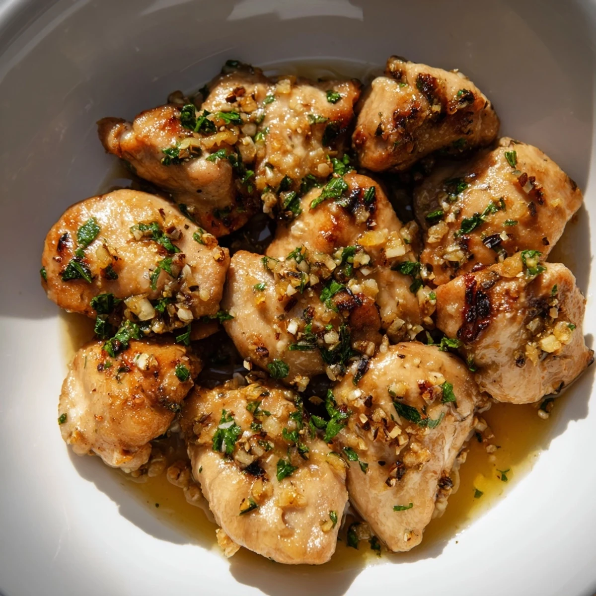 Close-up of Garlic Butter Chicken Bites, showcasing juicy chicken coated in a fragrant, buttery sauce.