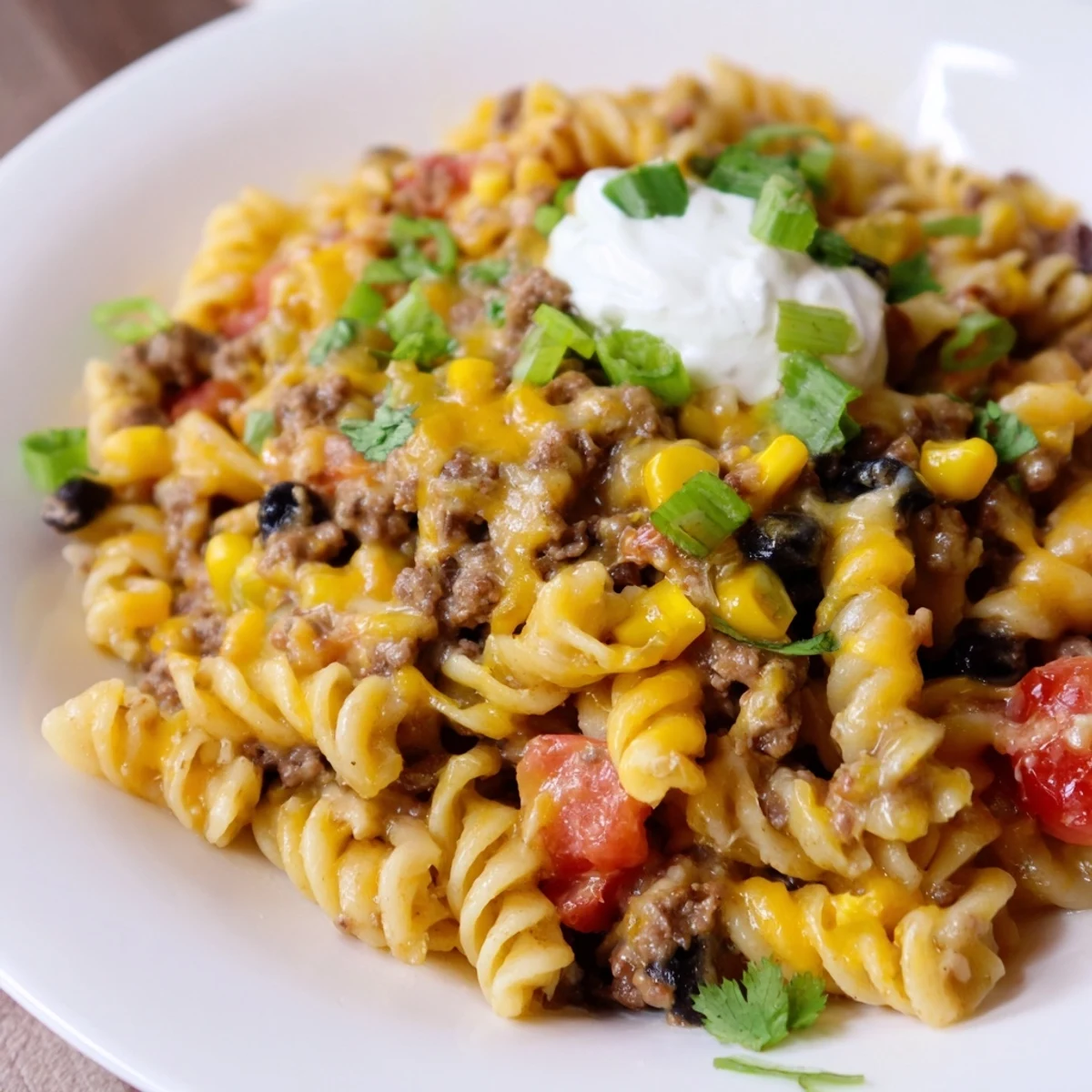 A vibrant close-up shows cheesy, saucy Cheesy Taco Pasta, perfect for a quick and satisfying dinner.