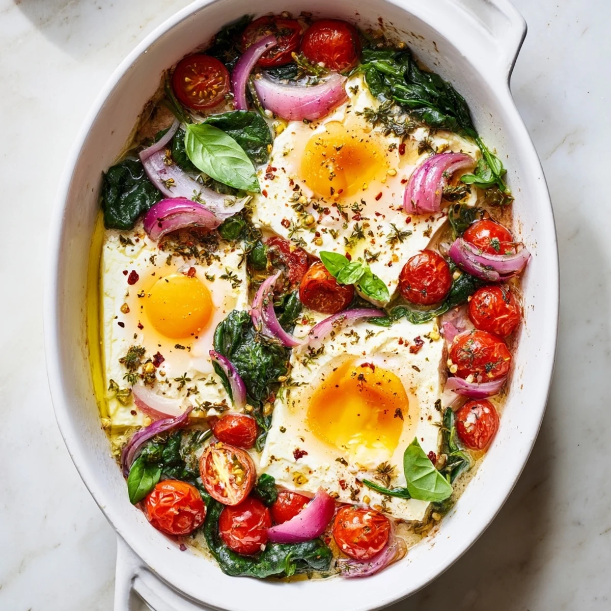 Baked Feta Eggs, golden yolks, and baked feta cheese surrounded by bursting cherry tomatoes for a flavorful breakfast.