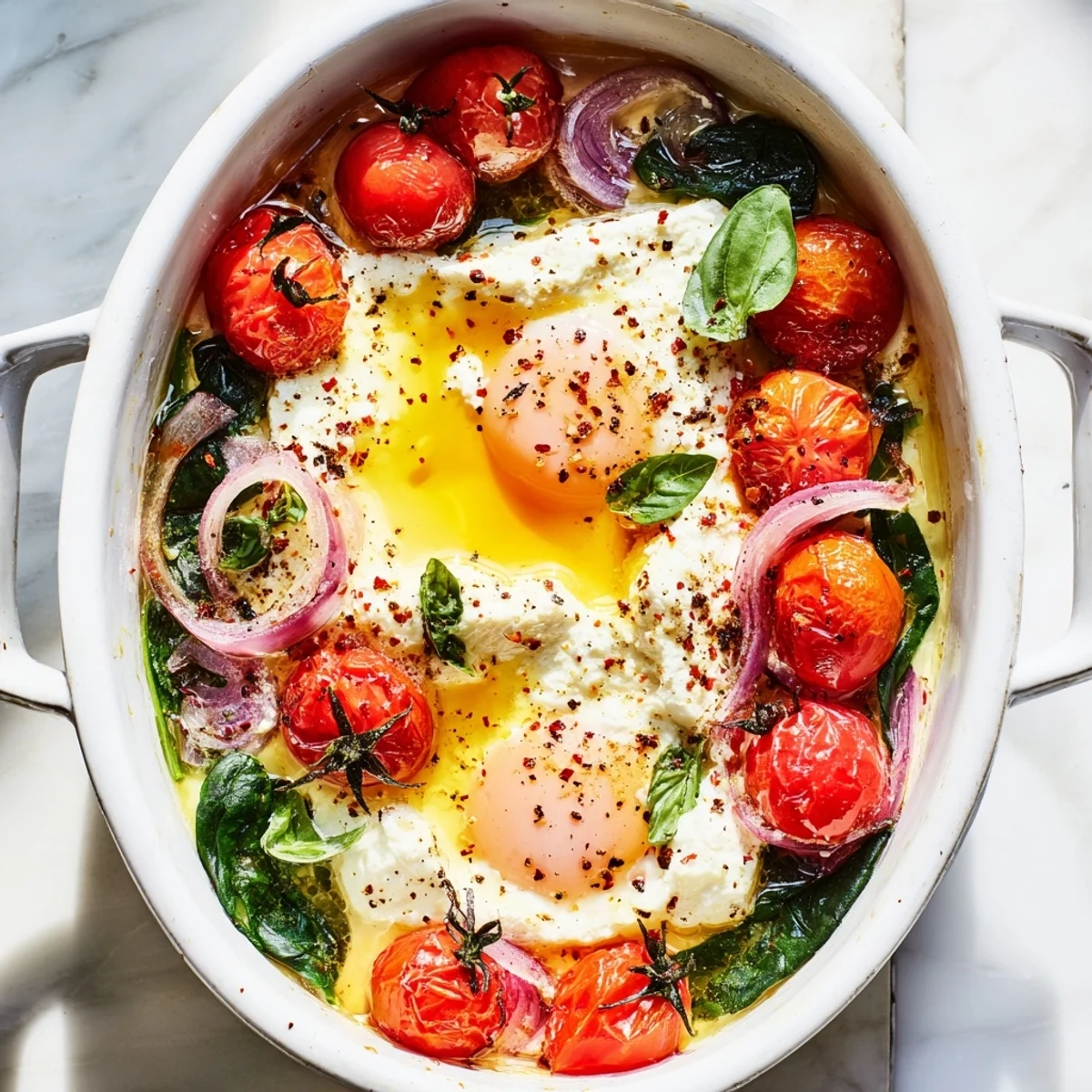 Delicious Baked Feta Eggs with runny yolks, the savory Mediterranean breakfast, served hot with optional crusty bread.