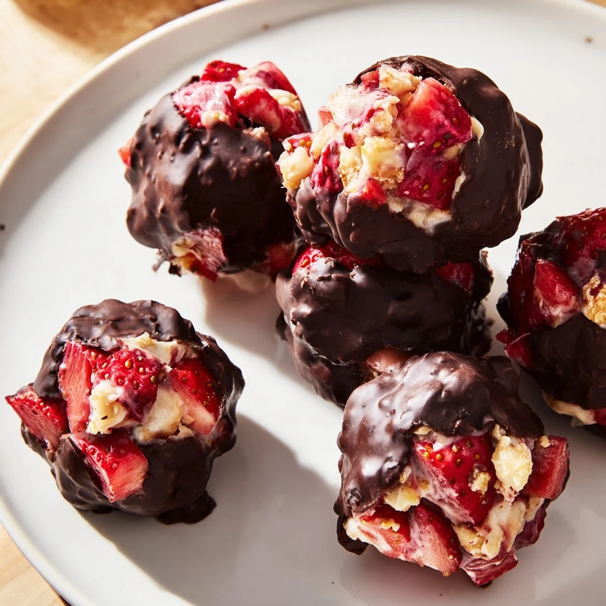 Frozen Strawberry Yogurt Clusters, chocolate-covered, offer a refreshing, sweet treat served cold.