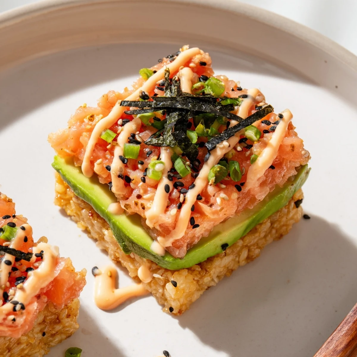 Golden, crispy rice topped with salmon and avocado details the Crispy Rice Salmon Stack.