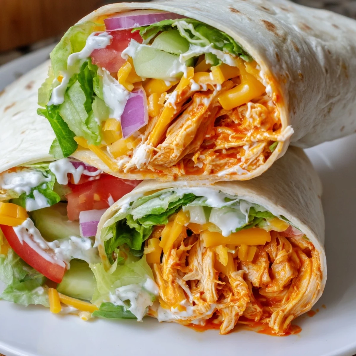 Golden-brown folded Buffalo Chicken Wrap bursting with creamy ranch and fresh, crunchy veggies.