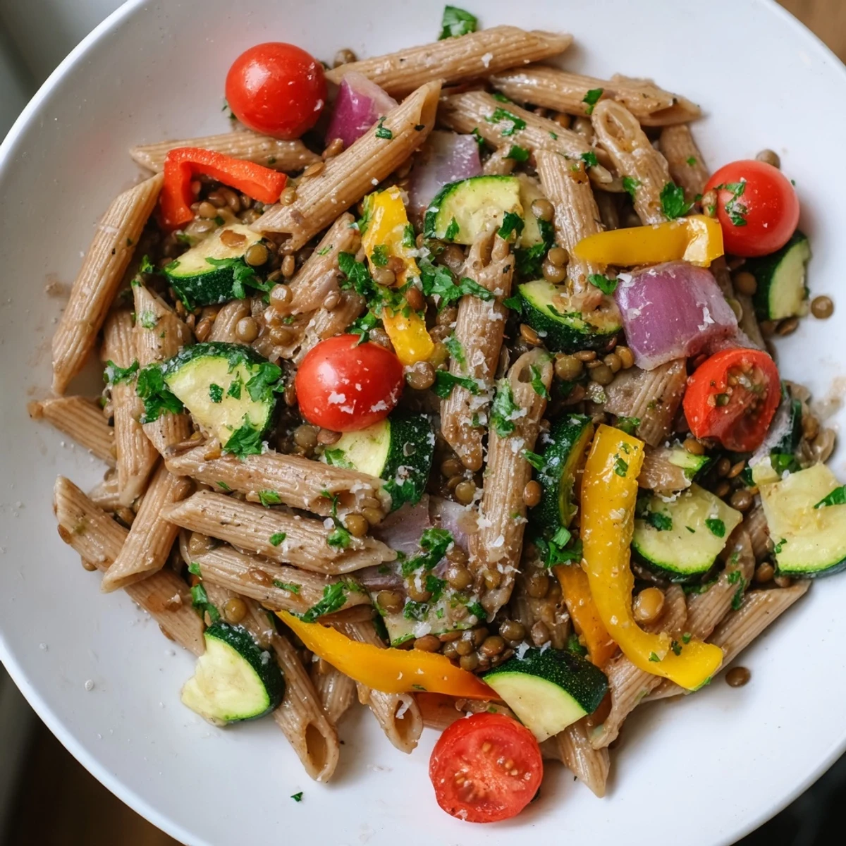 Lentil pasta with vegetables: a hearty bowl of roasted vegetables and pasta, ready to enjoy.