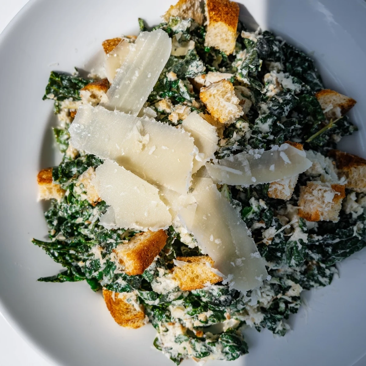 Fresh Kale Caesar Salad with crispy croutons and shaved Parmesan, a delicious lunch.