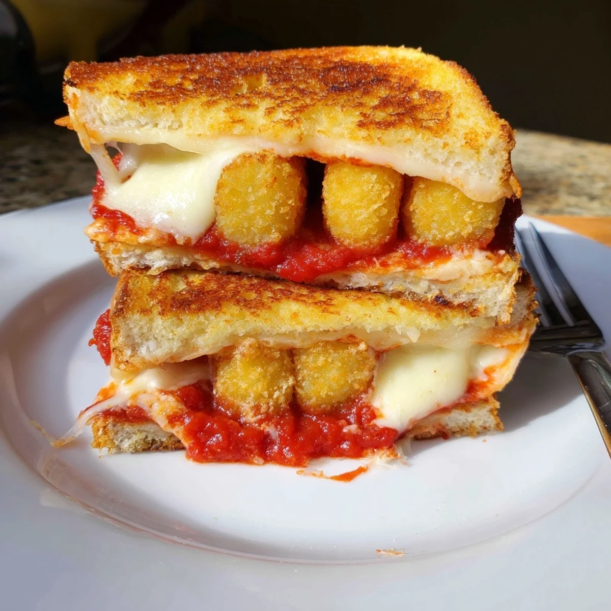 A close-up of a flavorful Mozzarella Stick Grilled Cheese with warm, marinara dipping sauce.