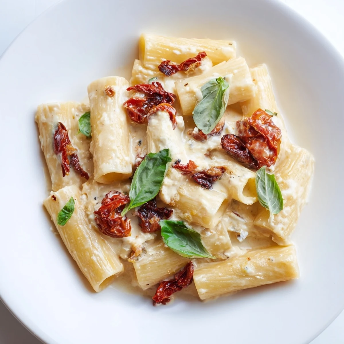 A close-up of baked feta pasta featuring juicy tomatoes, herbs, and soft, melted cheese, ready to eat.