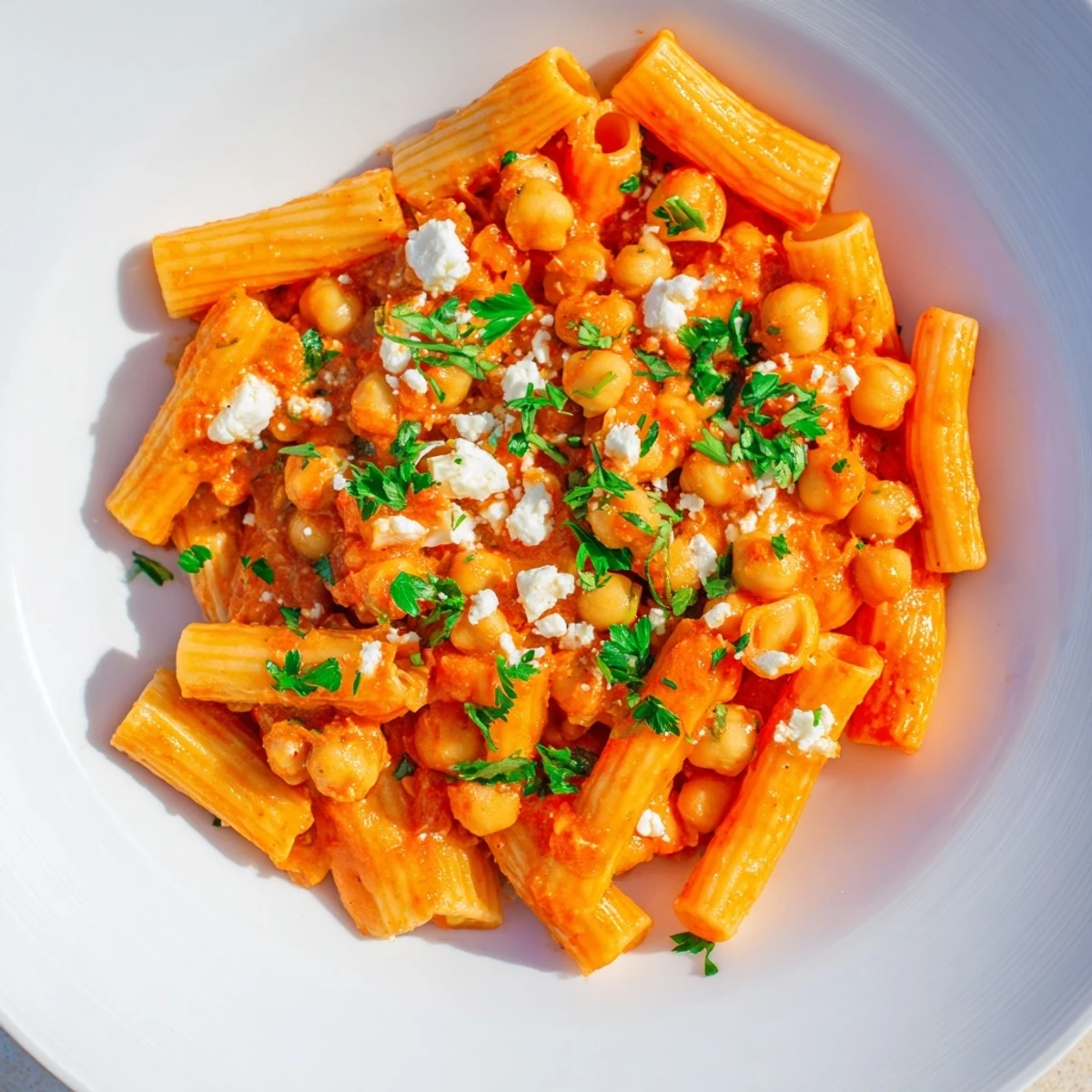 Spicy Harissa Chickpea Pasta, beautifully plated, with a sprinkling of feta cheese for added flavor.