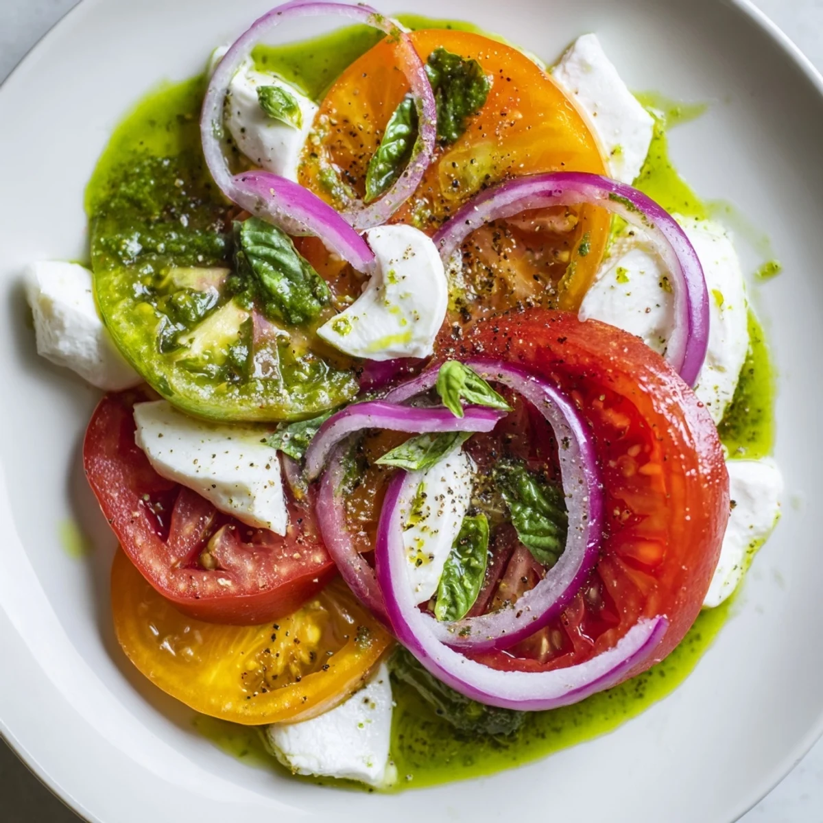 Juicy heirloom tomatoes and mozzarella in a glistening Summer Tomato Salad, ready to enjoy.