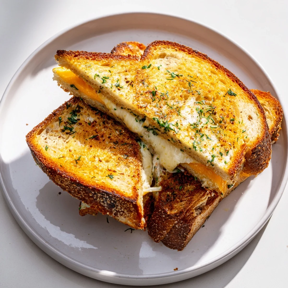 Golden, bubbly Garlic Butter Mayo Grilled Cheese, oozing melted cheddar, a comforting, classic American meal.