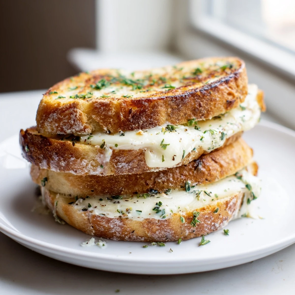 Crisp, toasted sourdough surrounding Garlic Butter Mayo Grilled Cheese, perfect for a quick, savory lunch.