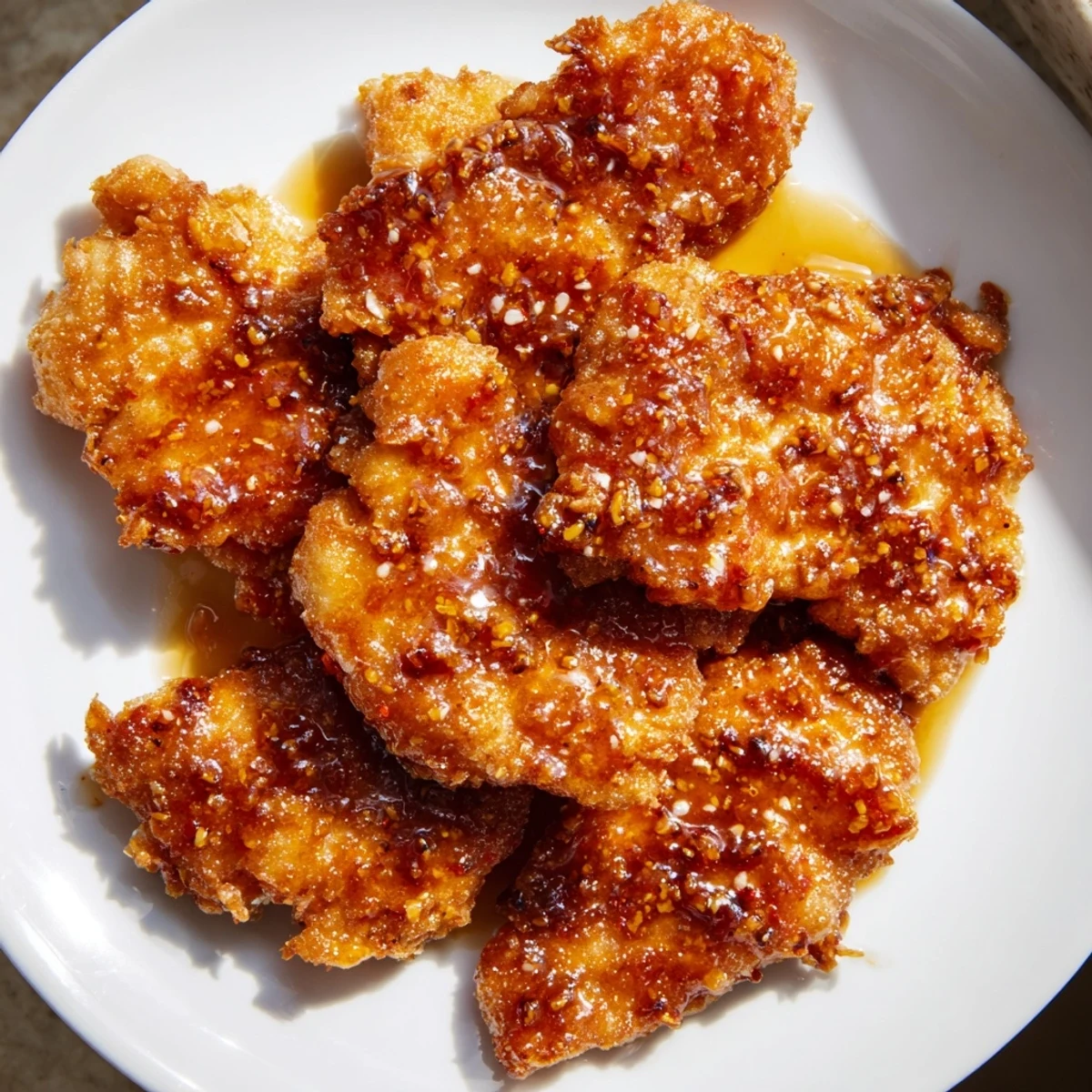 Close-up of succulent Hot Honey Crispy Chicken Thighs, perfectly fried and drizzled with hot honey.