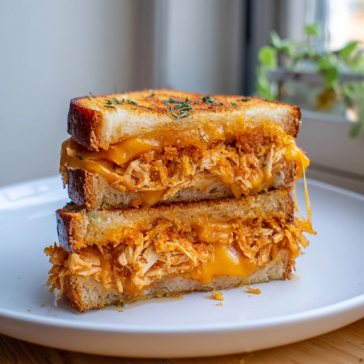 A close-up of a perfectly toasted Spicy Crispy Chicken Sandwich Grilled Cheese, ready for cutting and eating.