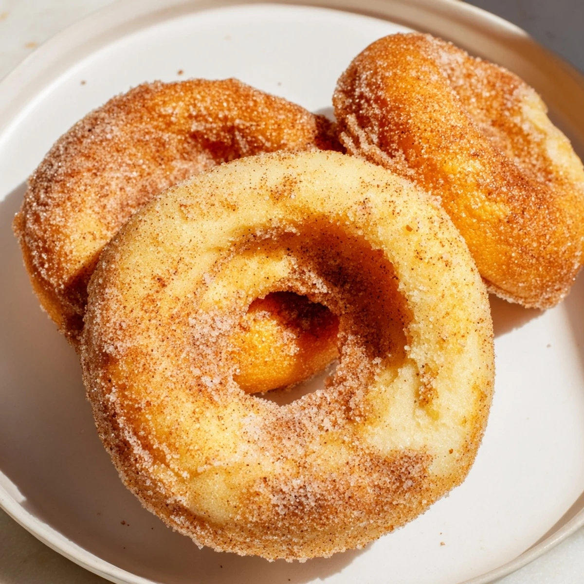 Picture fluffy 1-Minute Air Fryer Donuts, just pulled from the air fryer, ready to be coated with cinnamon.