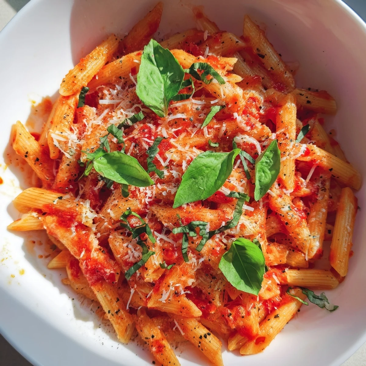 A close-up of quick Microwave Bowl Pasta, tossed with pesto and fresh basil for a flavorful lunch.