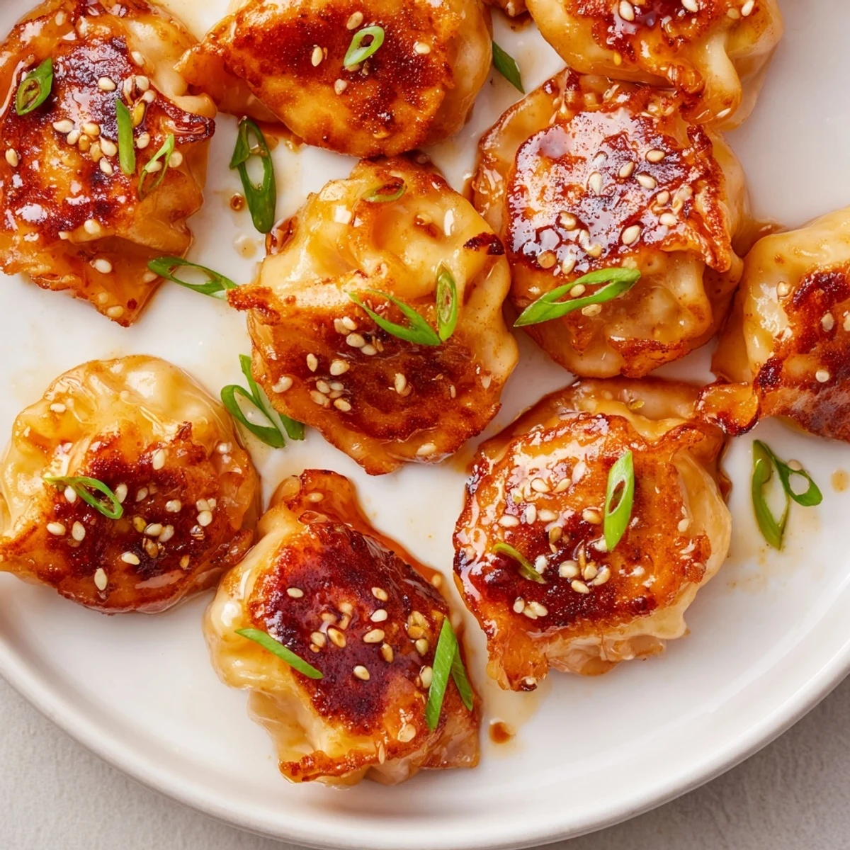 Crispy air fryer frozen dumplings glazed with sesame oil, garnished with fresh green onions.
