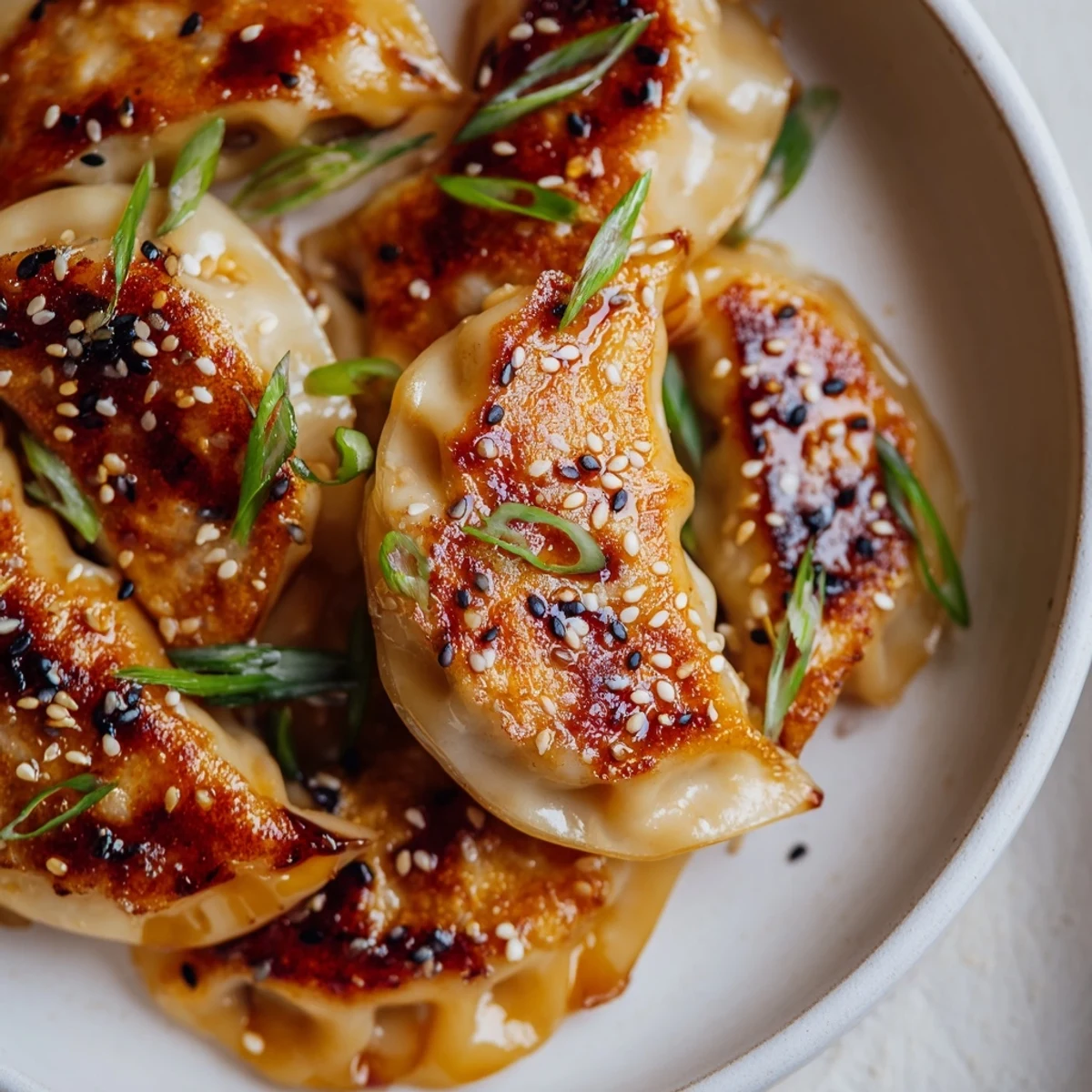Golden brown air fryer frozen dumplings, glistening with sesame oil, ready to serve as an appetizer.