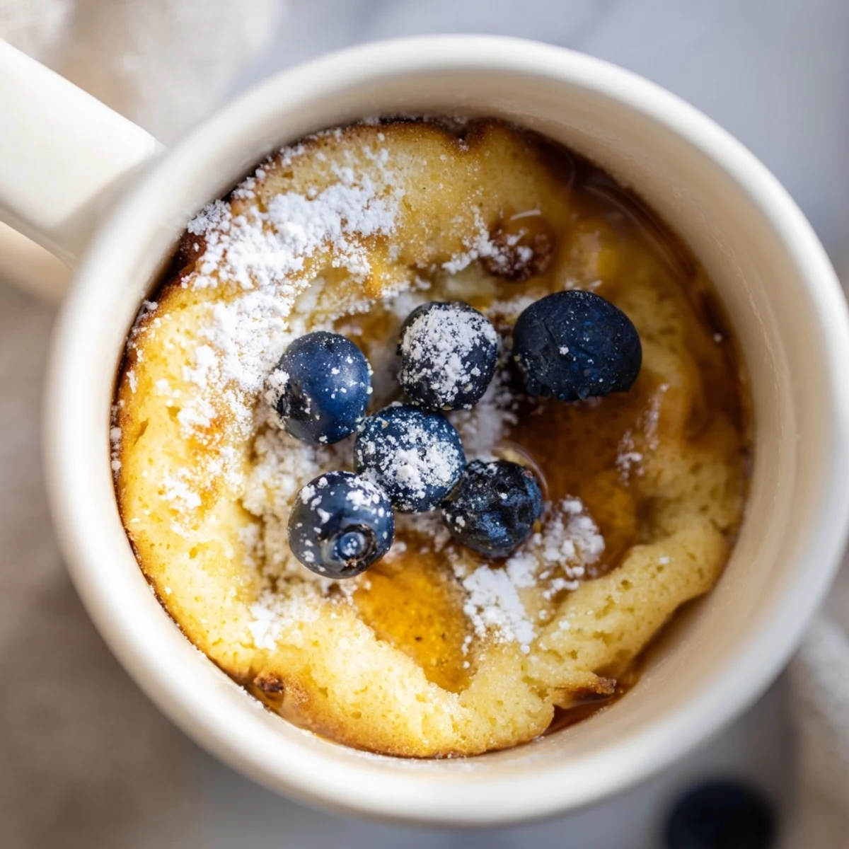 Close-up of a perfectly cooked Microwave Mug Pancake, soft inside texture, ideal grab-and-go meal.
