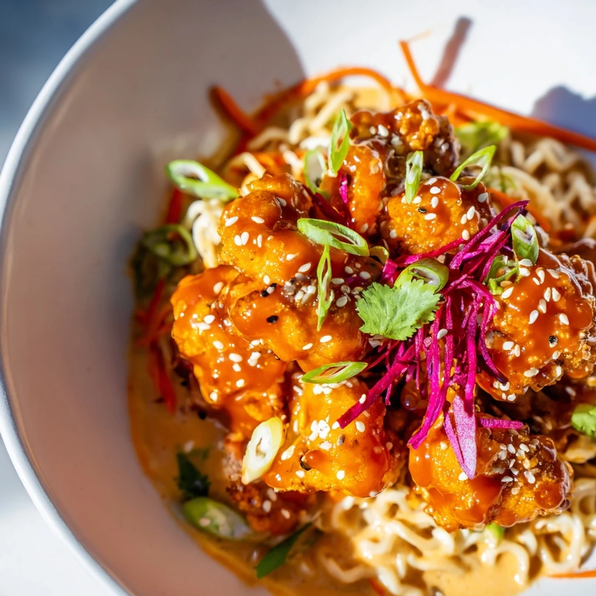A comforting bowl of Chaos Cooking Buffalo Cauliflower Ramen, showcasing the tender noodles and bold flavors.