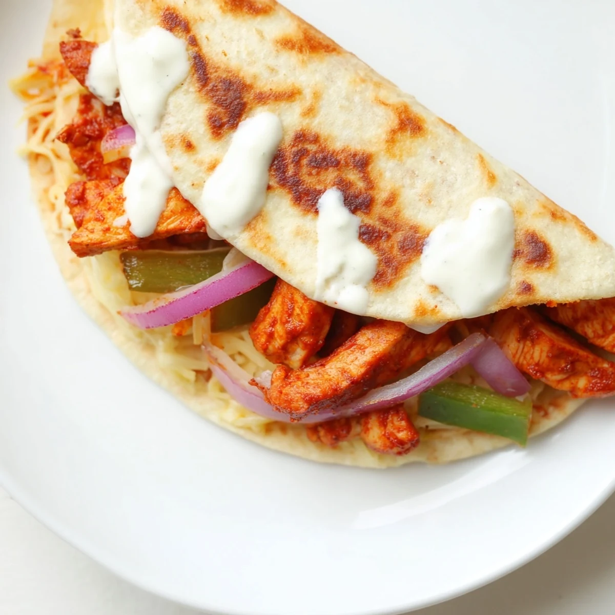 A close-up of a flavorful Tandoori Chicken Quesadilla, showcasing a delicious combination of Indian flavors.