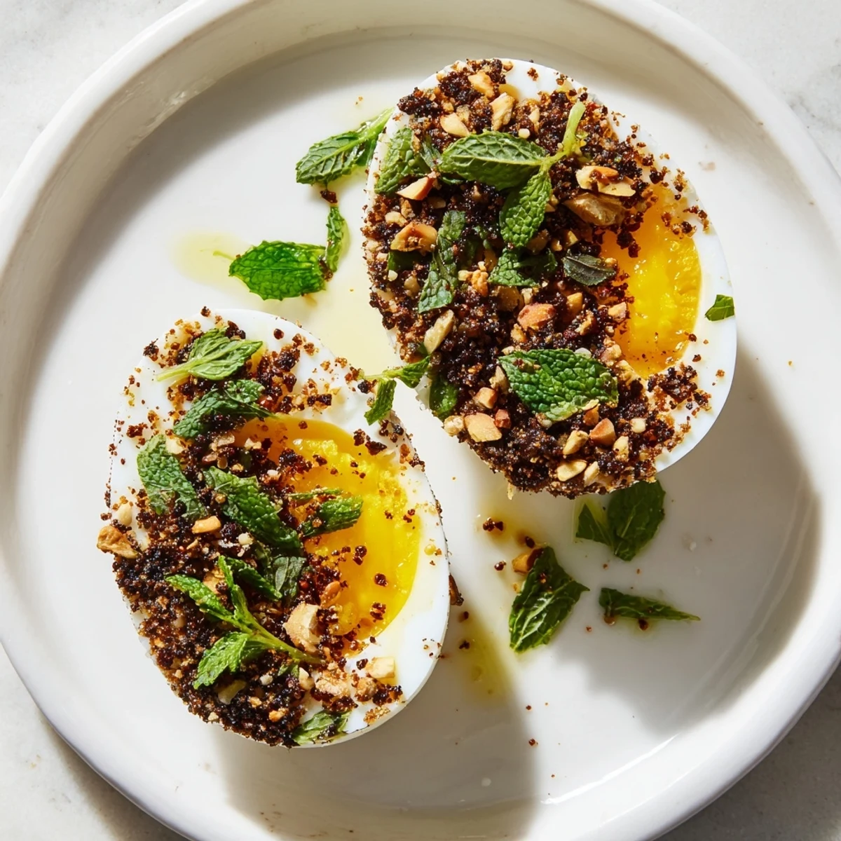 A colorful platter shows creamy Dukkah-Spiced Eggs, a savory breakfast boasting crunchy dukkah and fresh green herbs.