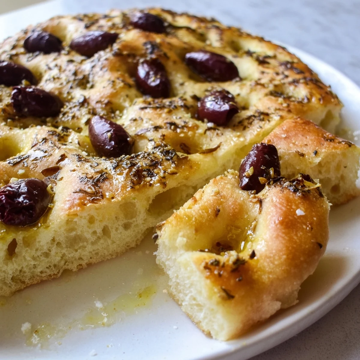Golden brown, dimpled Zaatar Olive Focaccia, ready to be sliced and enjoyed with fresh olive oil.
