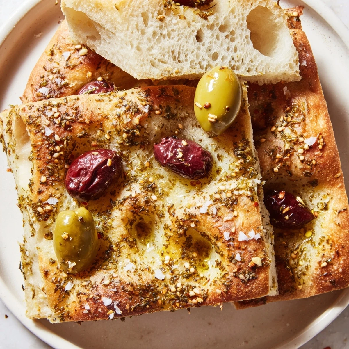 Close-up of a rustic Zaatar Olive Focaccia, showcasing the bubbly crust and aromatic zaatar spice.