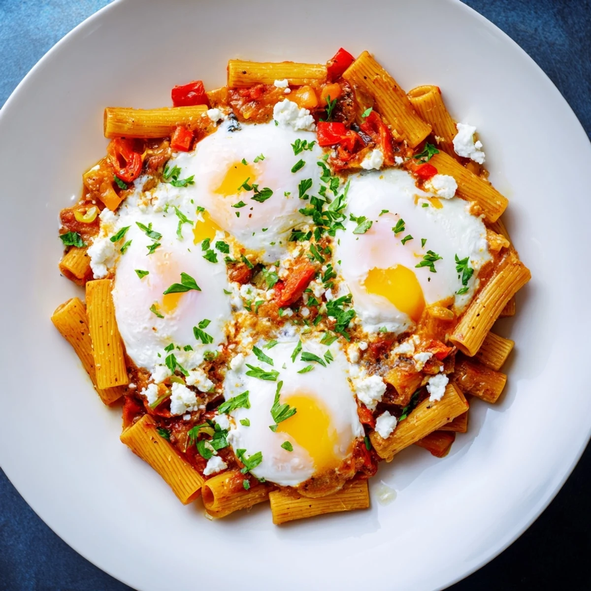 Shakshuka Baked Pasta, a vibrant dish, with runny yolks atop a cheesy, baked pasta creation.