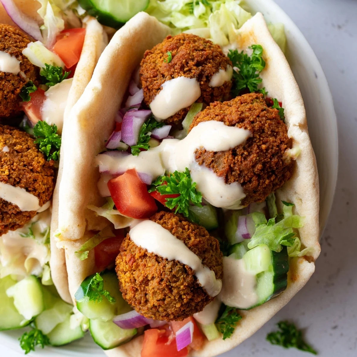 A close-up view of a freshly assembled Falafel Pita Pocket, bursting with colorful, fresh ingredients.