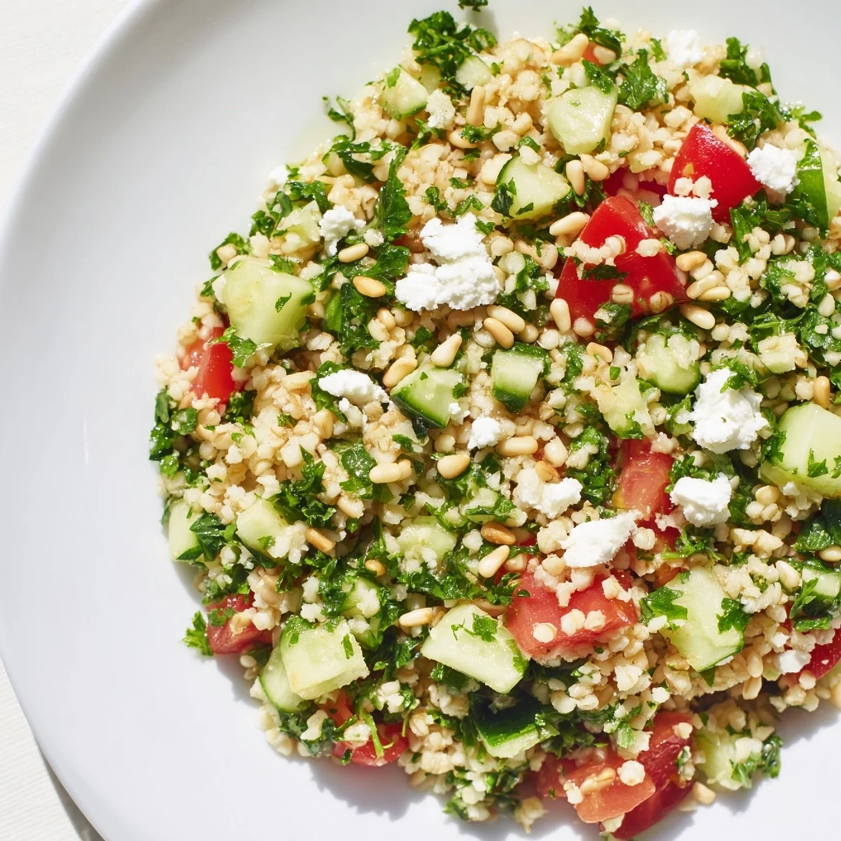 Flavorful Tabbouleh Grain Bowl, overflowing with fresh herbs, a bright lemon dressing, and feta.