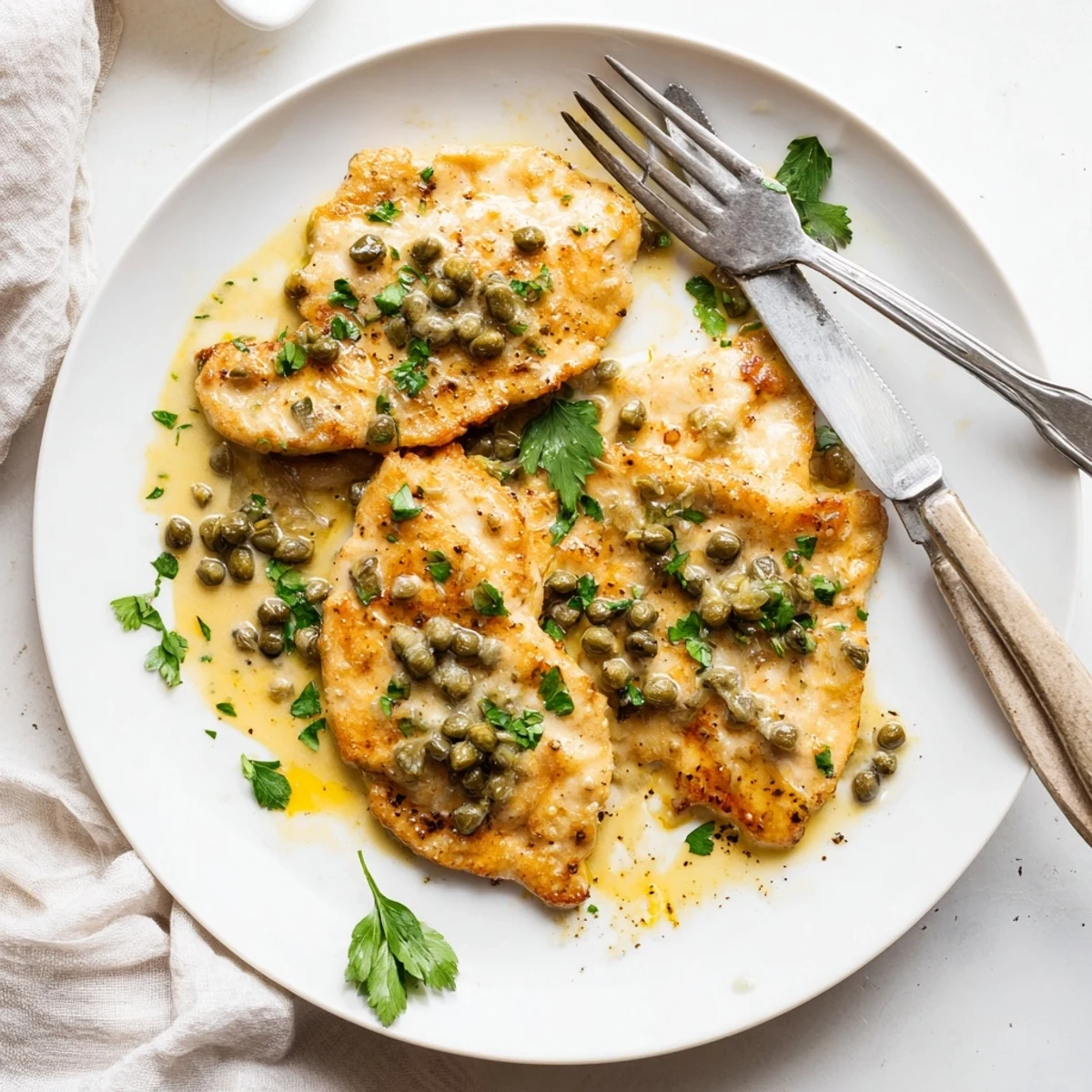 Tender pan-fried chicken breasts in a creamy lemon caper sauce, garnished with fresh parsley on a rustic plate.  