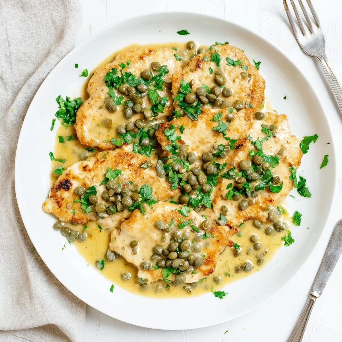 Plate of creamy chicken piccata served alongside pasta, perfect for an easy, comforting Italian-American family dinner.