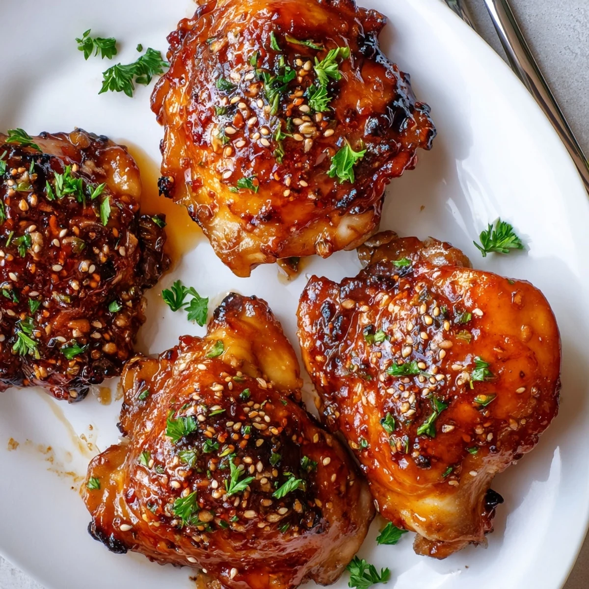 Tender bone-in chicken thighs glazed in sticky honey garlic sauce, garnished with fresh parsley and sesame seeds.