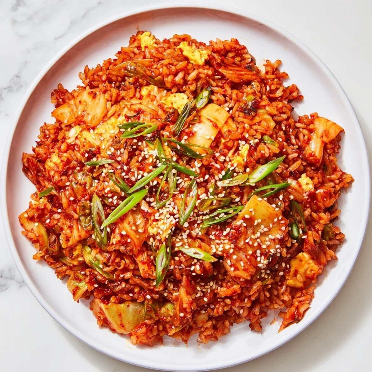 Steam rises from a bowl of Spicy Kimchi Fried Rice, garnished with green onions and sesame seeds, ready for a quick and flavorful dinner.