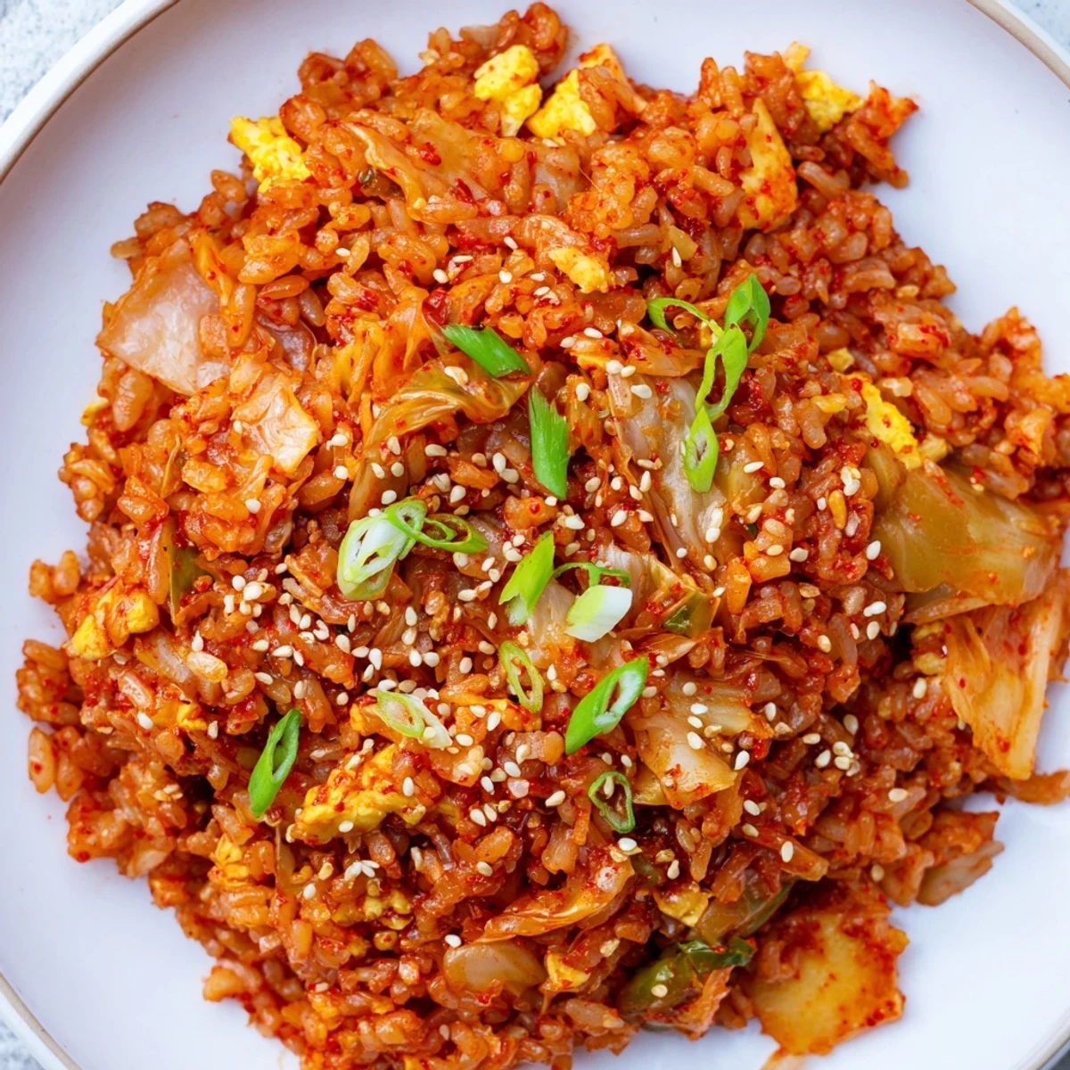 A fork lifts a bite of Spicy Kimchi Fried Rice, revealing crispy-edged grains, tangy kimchi, and a drizzle of toasted sesame oil.