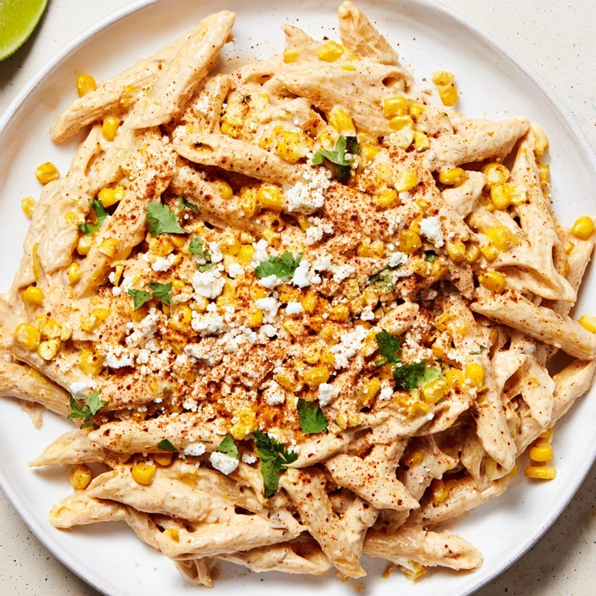 A close-up of Mexican Street Corn Pasta tossed in a zesty cream sauce with visible chili powder and cotija crumbles.