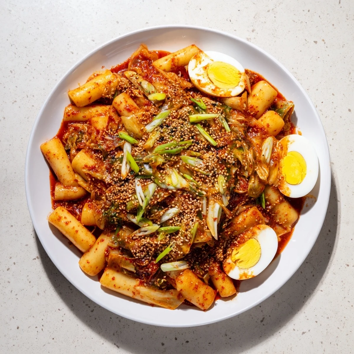 Steamy Korean tteokbokki in a spicy, glossy gochujang sauce, garnished with fresh green onions and sesame seeds.