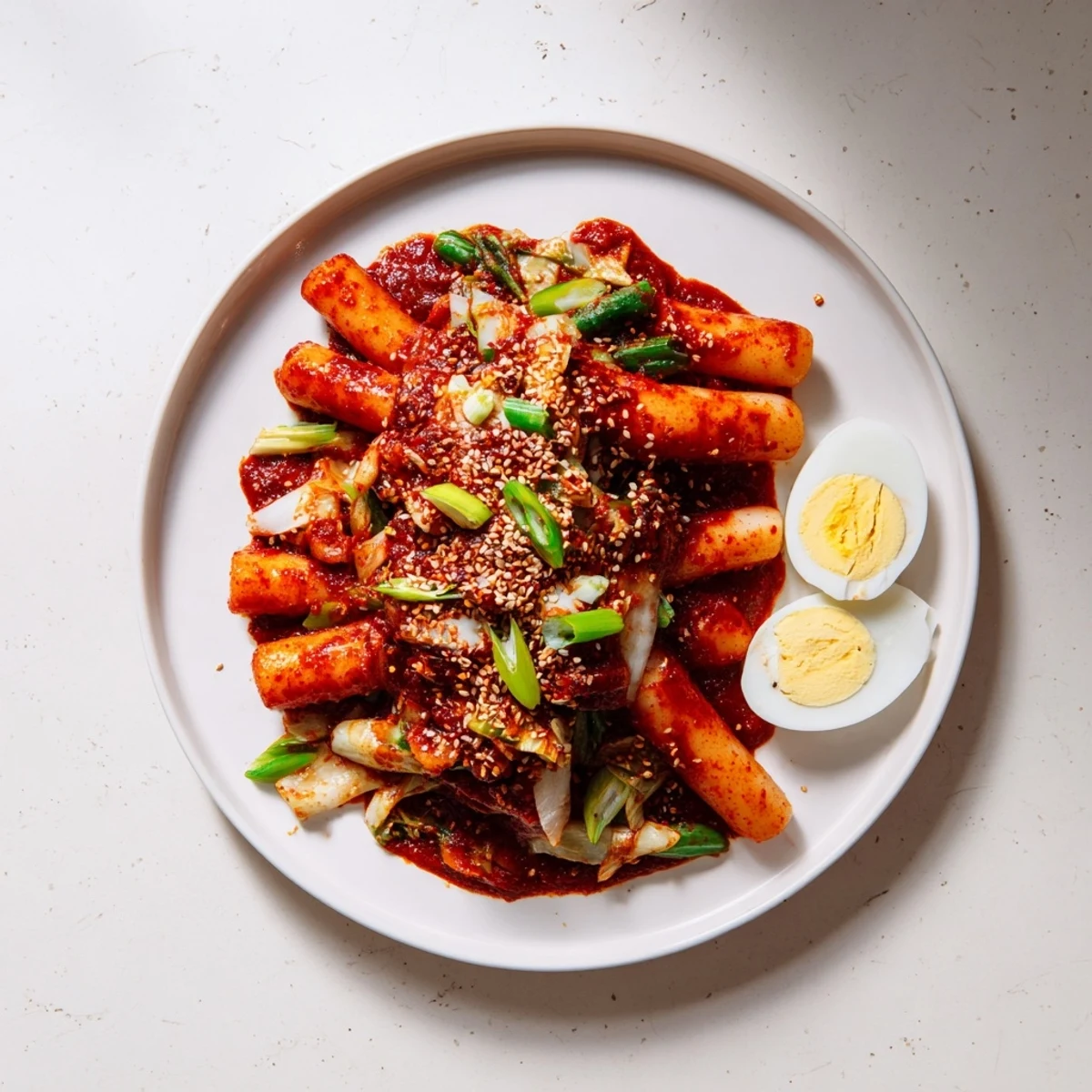 Close-up of Korean tteokbokki with thick rice cakes, vegetables, and a rich, glossy sauce perfect for weeknight dinners.