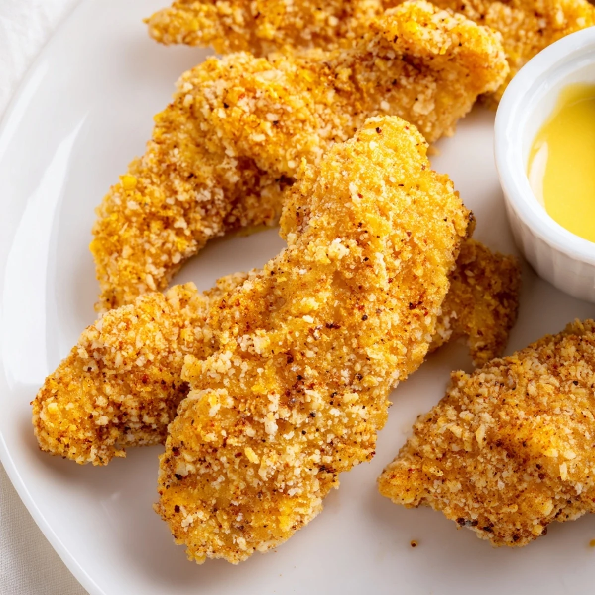 Family-style platter of Crispy Fried Chicken Tenders served with creamy ranch and honey mustard dipping sauces for dinner.