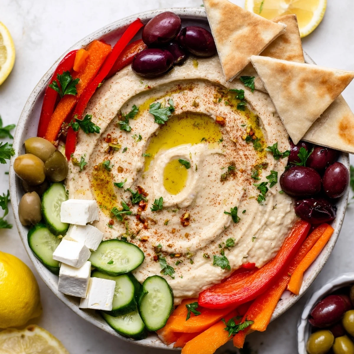 A vibrant Middle Eastern Mezze Platter with creamy hummus, briny olives, and fresh vegetables on a rustic table.