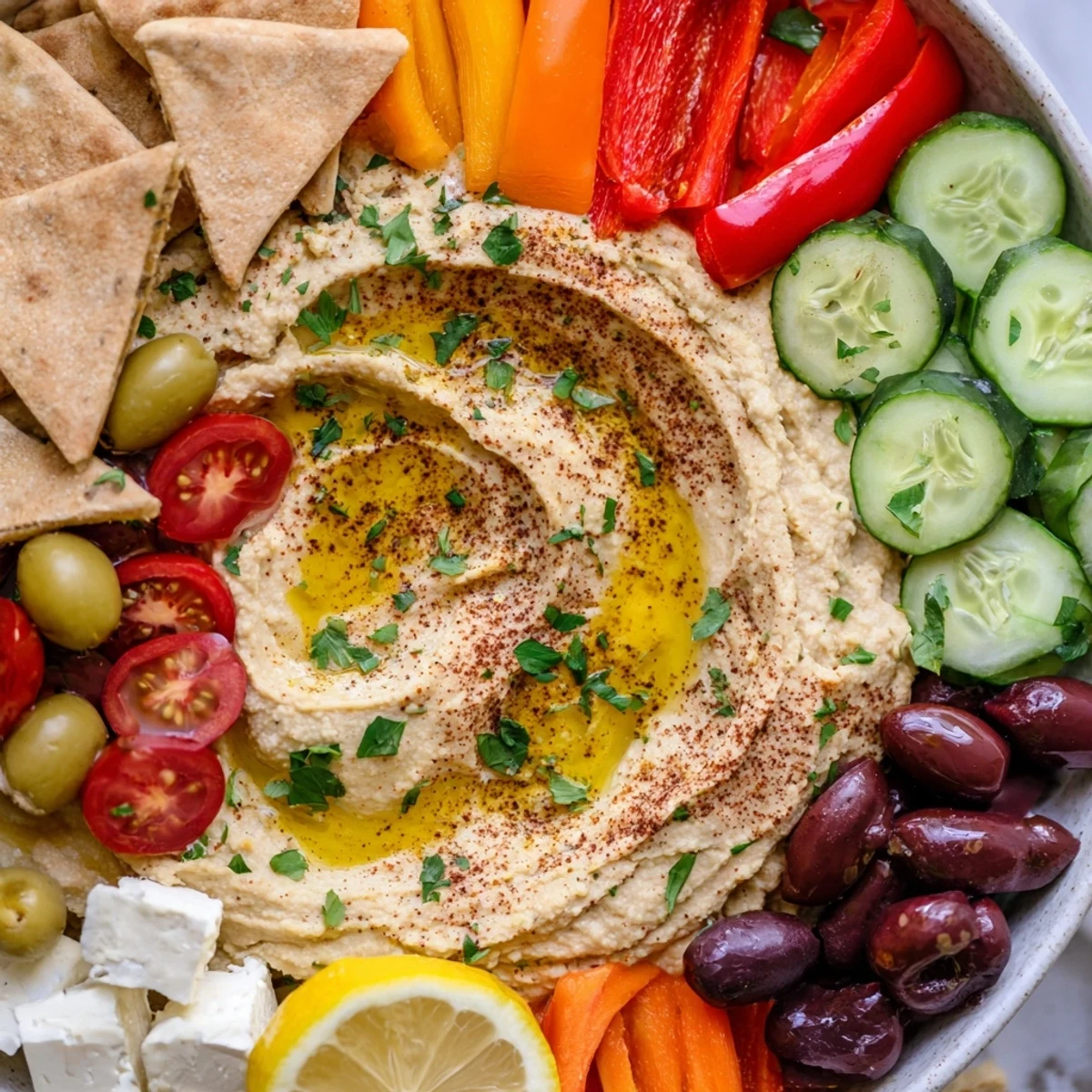 Classic Middle Eastern Mezze Platter artfully arranged with hummus, mixed olives, and vibrant carrot sticks for dipping.