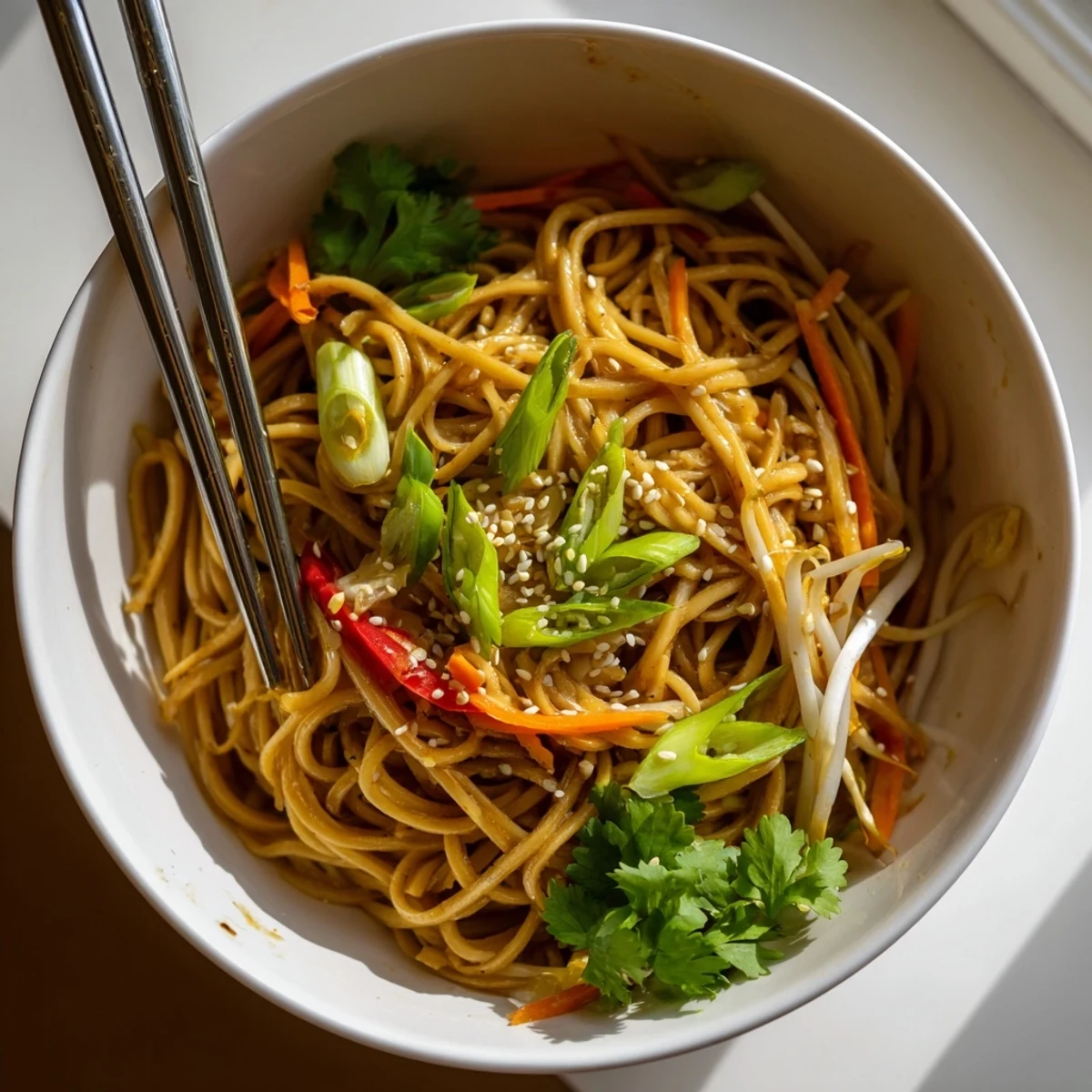 Steaming Asian Garlic Noodle Bowl in a ceramic bowl, garnished with sesame seeds and green onions, ready to serve.  