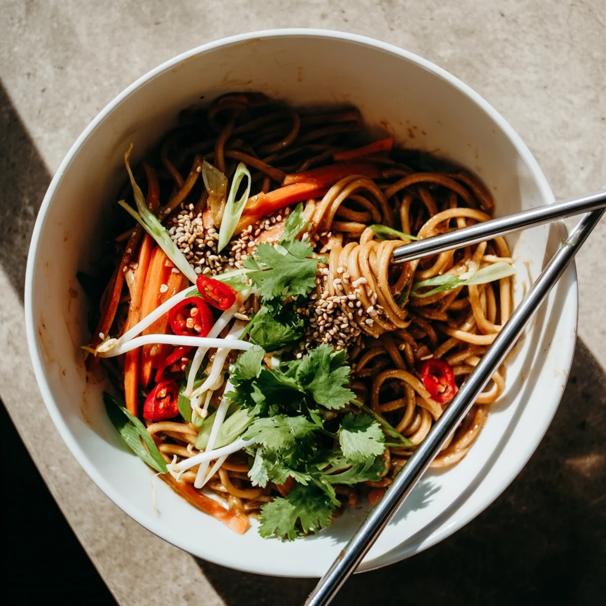 Overhead shot of vibrant Asian Garlic Noodle Bowl with chili slices and cilantro, perfect for a quick weeknight meal.