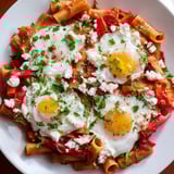 This comforting Shakshuka Baked Pasta features a golden crust and bubbling spiced tomato sauce.
