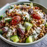 Hearty farro simmered in broth and tossed with fresh Mediterranean veggies, olives, and feta.  
