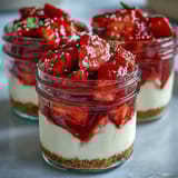 Creamy no-bake strawberry cheesecake with graham cracker crust, topped with vibrant strawberry compote in individual jars.