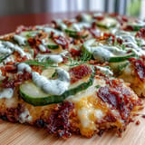 Crispy flatbread piled high with tangy pickles, bubbly cheese, ready to drizzle.